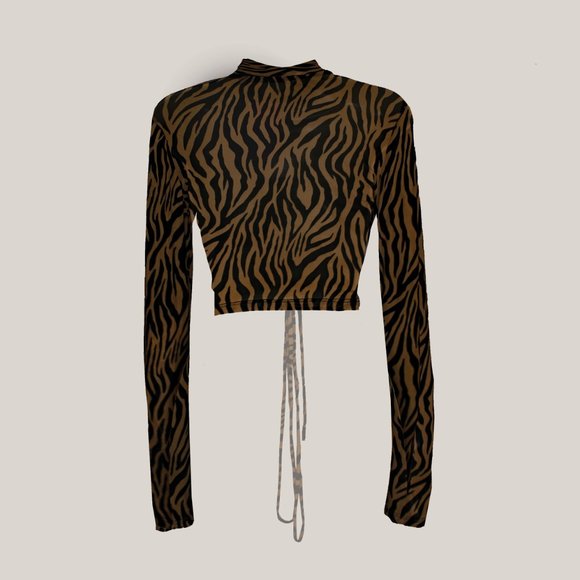 Zimbabwe long sleeve mesh brown zebra print drawstring crop top - Picture 2 of 3